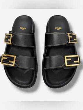 New Fendi Black Leather Double-Buckle Slide Sandals with Gold Hardware